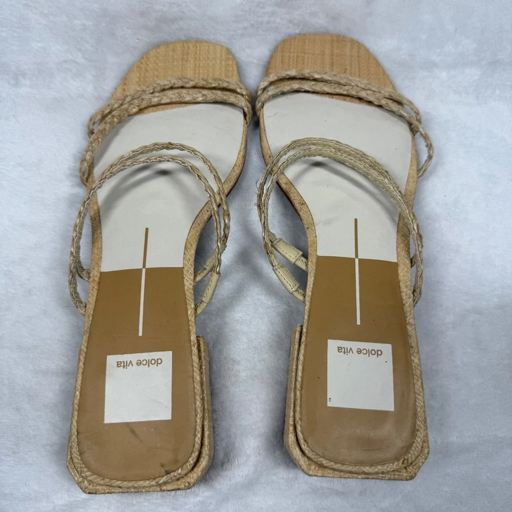 Dolce Vita Paily Braided Raffia Low Block Heel‎ Slide Sandals Tan Womens 8.5